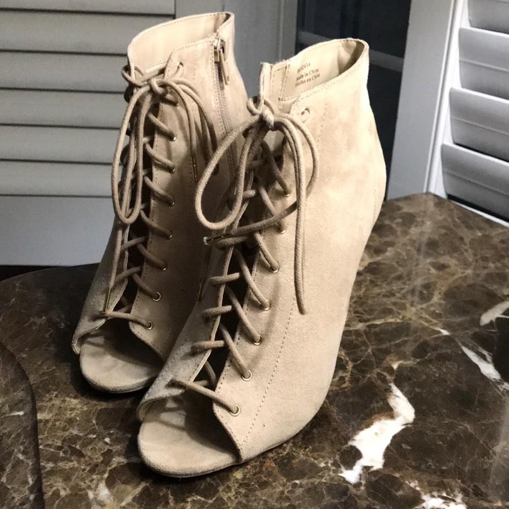 faux suede peep toe lace up ankle boots